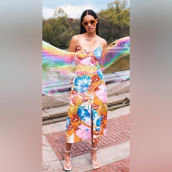 Zara Tropical print midi dress V-neck dress Front slit Open back multi color sun - Picture 4 of 7